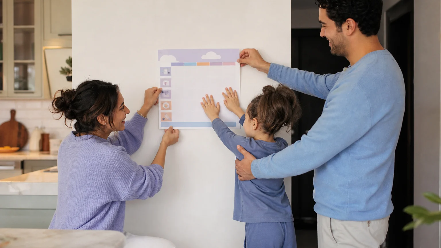 Ergen Ebeveyni Danışmanlığı Çocuklarıyla birlikte mutfakta plan yapan ebeveynler, ergen ebeveyni danışmanlığı ile rutin oluşturuyor.