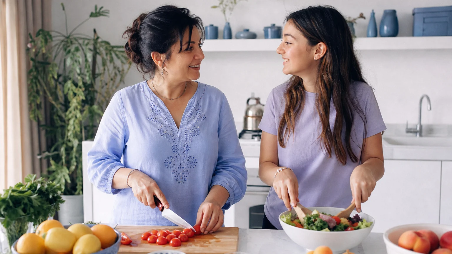 Mutfağın içinde birlikte sağlıklı yemek hazırlayan anne ve genç kızı, ergenlerde beden algısı ve yeme sorunları üzerine konuşuyor.